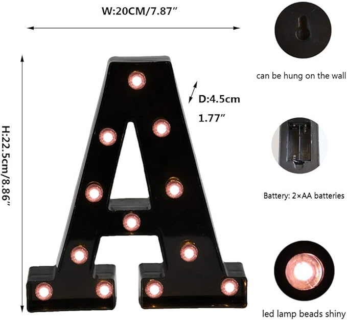 Light Up Black Alphabet Marquee Letters Sign LED Marquee Number Lights Sign for Night Light Home Bar Christmas Lamp Birthday Party Wedding Decoration A
