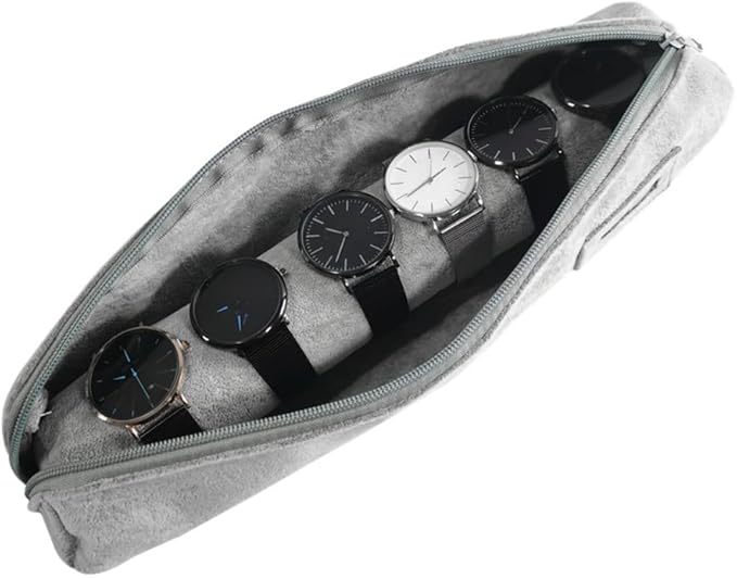 Bracelet Bangle Watch Roll Travel Pouch Jewelry Organizer, Black Gray Velvet Portable Zipper Pouch with Removable Roll Insert for Standard Size 12.5" W x 2.8" Diameter. (All Gray)