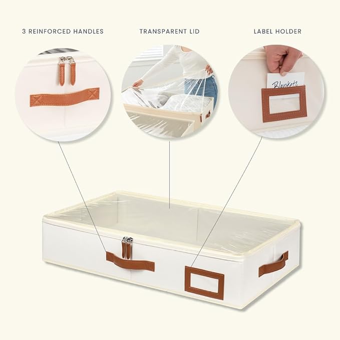 OrganiHaus Under Bed Storage Containers, Bedroom Storage and Organization Bins, Clothes Organizer for Closet with Clear Cover and Reinforced Handles - Set of 2 33x17x6 inches Off-White