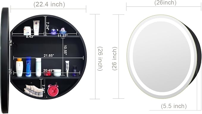 26inch Round Medicine Cabinet with Lights,Led Medicine Cabinet with Defogger,Illuminated Mirror Cabinet for Bathroom,Dimmable,Anti-Fog,3000k-6500K Color Temperature