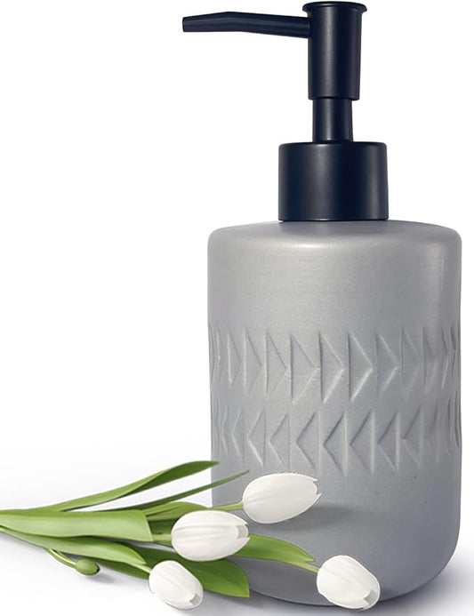 Gray Soap Dispenser with Matte Black Pump for Bathroom,Cylindrical Lotion Dispenser,12oz Ceramic Relief Hand Dish Soap Dispenser,Refillable Liquid Dispenser for Kitchen (Relief Gray)