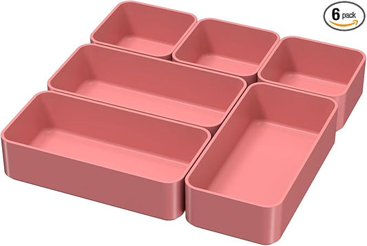 6 Pcs Stackable Drawer Organizer Set Desk Drawer Dividers, Bathroom Vanity Cosmetic Makeup Trays , Multipurpose Plastic Storage Bins for Jewelries, Kitchen Gadgets and Office Accessories, Rose