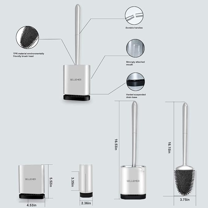 Sellemer Toilet Brush and Holder Set for Bathroom, Flexible Toilet Bowl Brush Head with Silicone Bristles, Compact Size for Storage and Organization, Ventilation Slots Base (2 Pack, Silver)