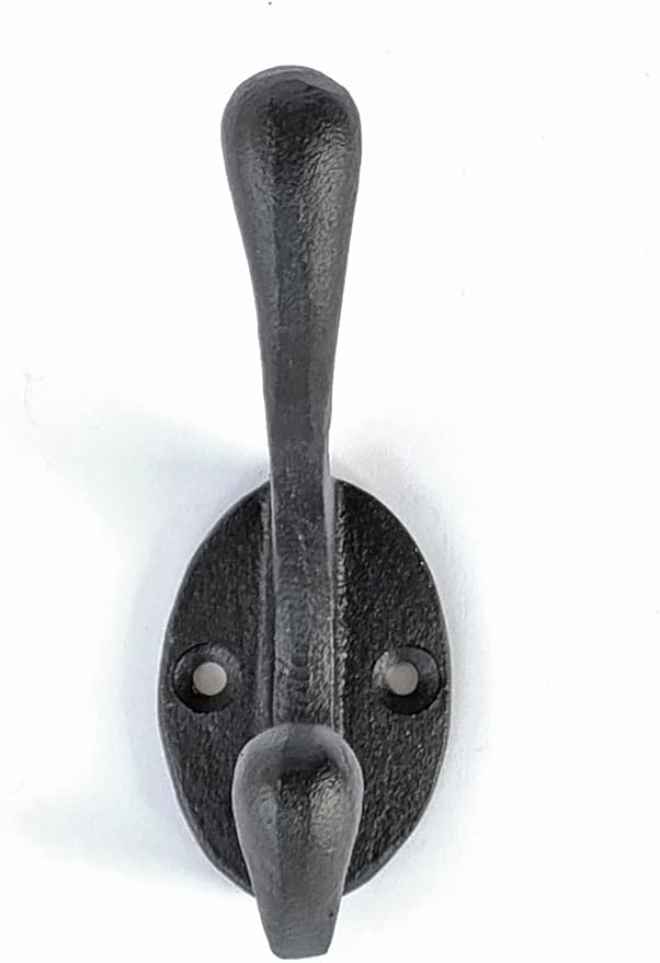 5 Pack Decorative Cast Iron Heavy Duty Double Hooks, Wall Mounted Coat Hooks, Vintage Inspired (Antique Black) (Cornish Hook)