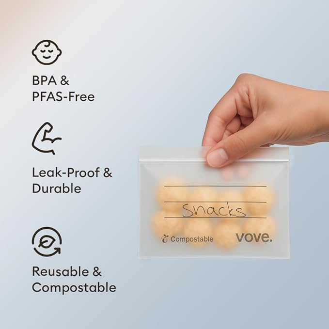 Vove Compostable Snack Bags, Small 50 Count – Freezer Safe, Leak Resistant, Non Toxic, Writable & Reusable Food Storage, Plastic-Free Eco Bags
