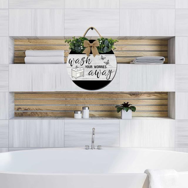 Bathroom Wall Art,Bathroom Sign,Rustic Round Wooden Wreath Sign,Funny Bathroom Signs For All The Seasons