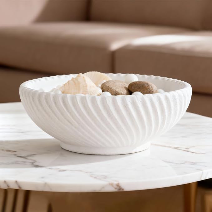 Large Resin Decorative Pedestal Bowl for Home Decor - White Ribbed Fruit Bowl For Kitchen Counter Or Table Decor - Key Bowl for Entryway Table Decor - Centerpiece Bowls for Keys, Fruit, Candy