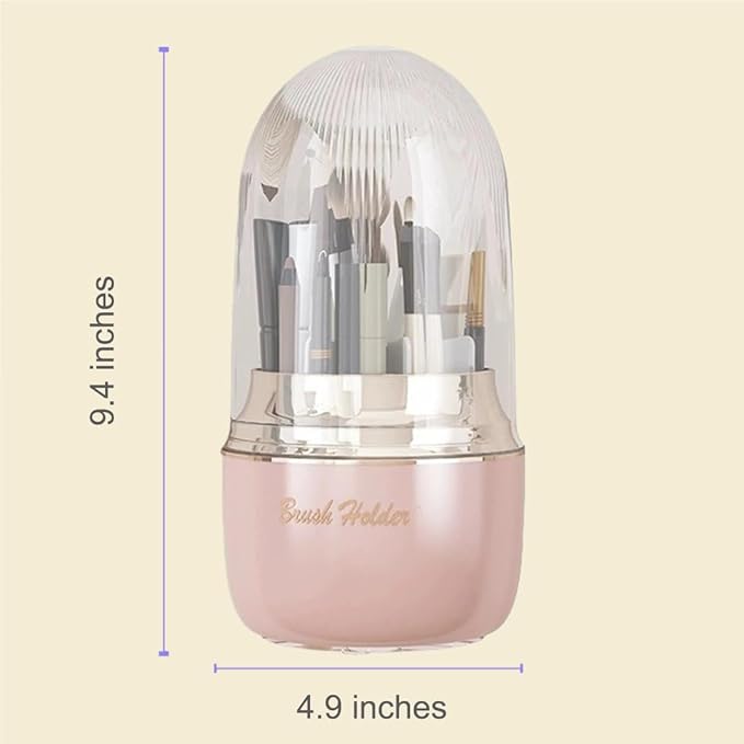 Makeup Brush Organizer With Lid, 360° Spinning Cosmetic Brush Holder for Bathroom Countertop, Compact Cosmetic Display Case for Vanity, Bedroom and Dresser (Pink)