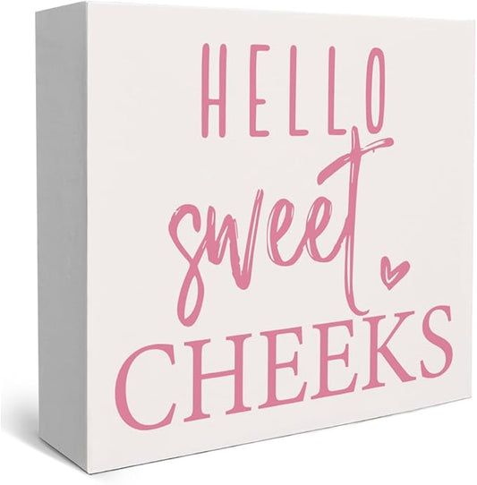 Rustic Bathroom Decor Farmhouse Hello Sweet Cheeks Wooden Sign, Toilet Rules Decoration for Farmhouse Apartment Shelves Toilet Restroom Home Tabletop Desk, Modern Toilet Shelves Accessory (Cute Pink)