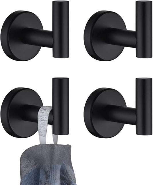 JQK Black Bathroom Towel Hook, Coat Robe Clothes Hook for Bathroom Kitchen Garage Wall Mounted (4 Pack), 304 Stainless Steel Matte Black, TH100-PB-P4