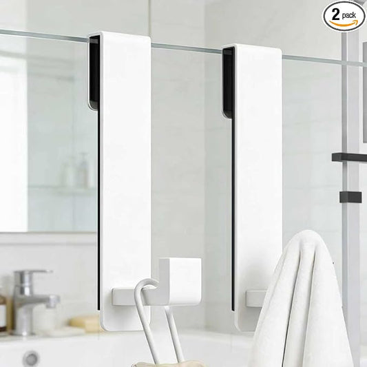 PMMASTO Shower Door Hooks, (7.5 Inch) Extended Towel Hooks for Bathroom Frameless Glass Shower Door, Stainless Steel Heavy Duty Hooks (White, L Shape-Fits 3/8" Thick Door)