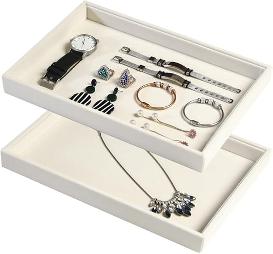 Coward 2Pcs/Set Stackable Jewerlry Organizer Tray Beige Velvet Blank Tray Holder for Beads Bracelets Necklaces Earrings Store Selling or Home Show
