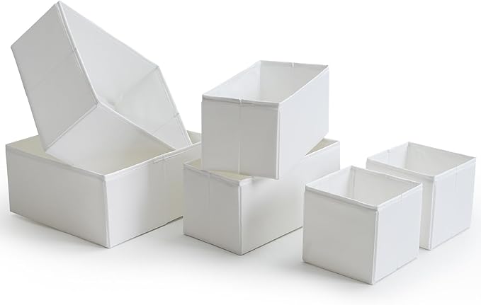 TYEERS Drawer Organizers, Durable Fabric, Washable, with Base Support Boards, Small Storage Boxes for Bathroom, Closet, Dresser, Set of 12, White