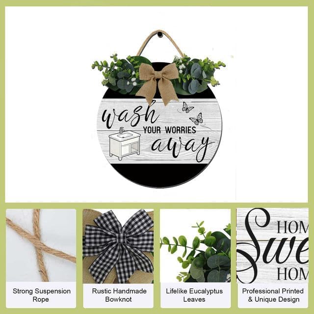 Bathroom Wall Art,Bathroom Sign,Rustic Round Wooden Wreath Sign,Funny Bathroom Signs For All The Seasons