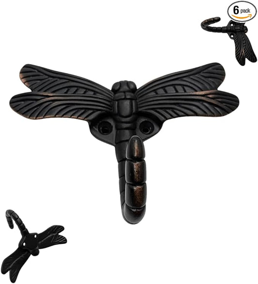 6 pcs Oil Rubbed Bronze Dragonfly Decorative Wall Hooks for Hanging Coats, Keys, Towels, Bags, and More