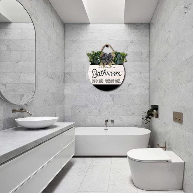 Bathroom Decor,Bathroom Open 24 Hours Please Seat Yourself Sign,Rustic Round Wooden Wreath Sign,Modern Farmhouse Home Accent For All The Seasons