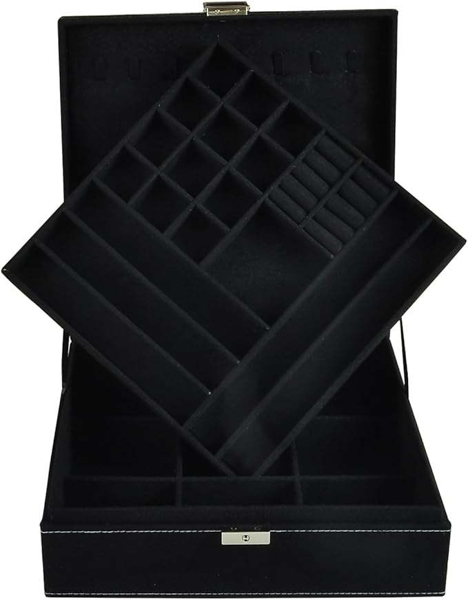 Jewelry Boxes 10 x 10 Inches 2-layer Handle Necklace Holder Organizer Jewellery Women Rings Storage Display Girls Earrings Case Lockable Jewelry Tray GY641 (Black)