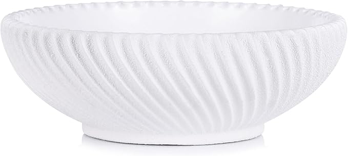 Large Resin Decorative Pedestal Bowl for Home Decor - White Ribbed Fruit Bowl For Kitchen Counter Or Table Decor - Key Bowl for Entryway Table Decor - Centerpiece Bowls for Keys, Fruit, Candy