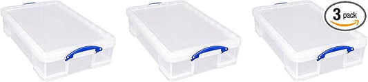 Really Useful Box 33 Liter Storage Container with Snap Lid and Clip Lock Handle for Lidded Home Item Storage Bins, Stores 44 DVDs or 186 CDs, 3 Pack
