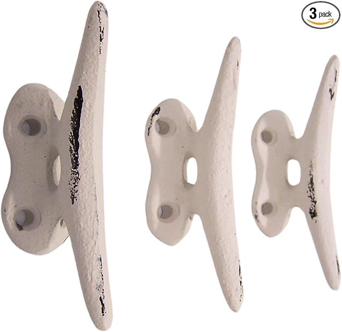 Wowser Nautical White Cast Iron Boat Cleat Wall Hooks, 3.5 Inches, Set of 3