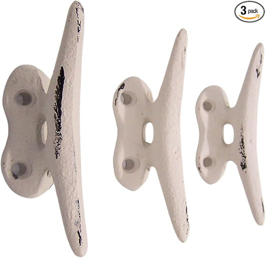 Wowser Nautical White Cast Iron Boat Cleat Wall Hooks, 3.5 Inches, Set of 3