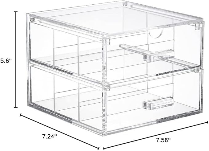 Clear Acrylic 2-Drawer Storage Glasses Organization Drawers Makeup Organizer Box Holder for Sunglasses, Small Items, Makeup Brush Sets, Jewelry Trays and Accessories, 7.24”x7.56”x5.6” (Transparent)