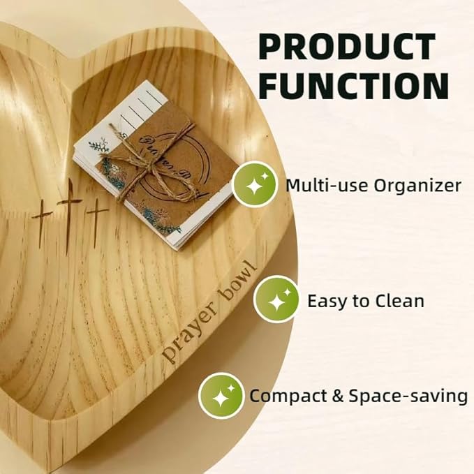 Heart Prayer Bowl with 24 Cards - Christian Heart Shaped Wooden Dough Bowl for Baptism, Handcrafted Religious Gift for Thanksgiving/Christmas/Wedding/Easter, Home Decor Accessory