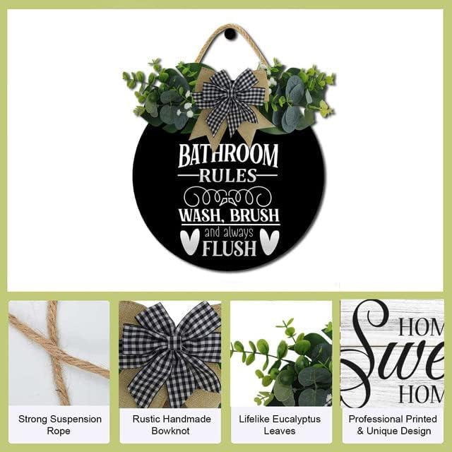 Farmhouse Bathroom Decor,Bathroom Rules Sign,Rustic Round Wooden Wreath Sign,Funny Bathroom Decor Wall Art For All The Seasons