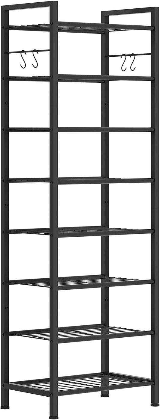 usikey 8 Tiers Narrow Shoe Rack 16-24 Pairs, Sturdy Metal Tall Shoe Rack with 4 Hooks, Slim Shoe Storage Organizer with Metal Shelf, Space Saving Vertical Shoe Shelf for Entryway, Closets, Black