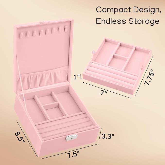 2 Layer Jewelry Box, Jewelry Organizer For Woman, Men & Girls Large Case 8.5x7.5x3.3in | PU Leather Jewelry Gift Storage Boxes For Ring, Necklace & Bracelet With Lock (Pink)