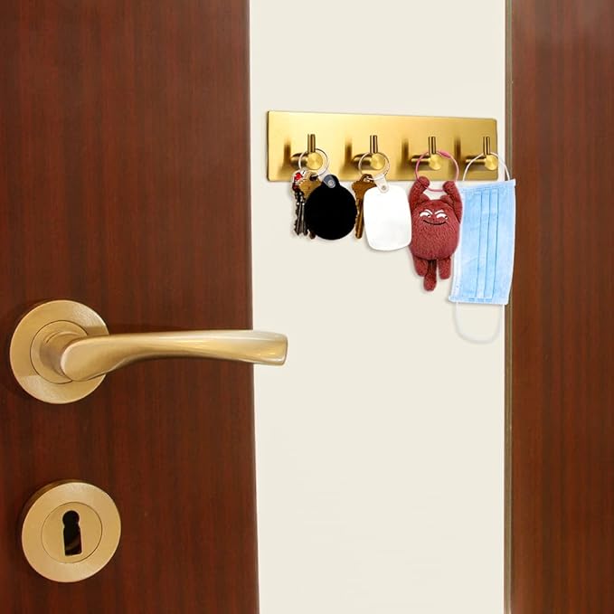 Picowe Key Holder for Wall Decorative, Adhesive Stainless Steel Key Hooks, Key Hanger Key Organizer for Wall, Towel Hook Coat Hanger for Entryway Hallway Kitchen(Four Rows,Golden 1PCS)