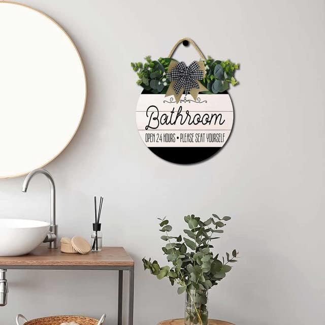 Bathroom Decor,Bathroom Open 24 Hours Please Seat Yourself Sign,Rustic Round Wooden Wreath Sign,Modern Farmhouse Home Accent For All The Seasons
