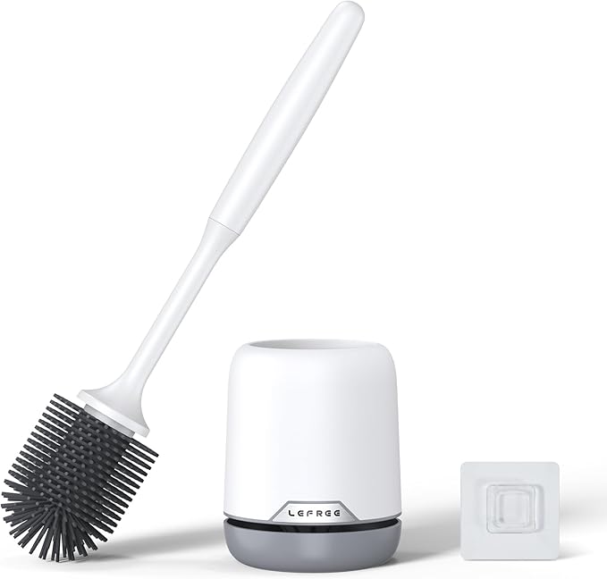 Lefree Silicone Toilet Brush and Holder, Bathroom Cleaner Brush Set, Non-Slip Handle Toilet Bowl Brush with TPR Soft Bristle, Wall Mounted/Floor Standing