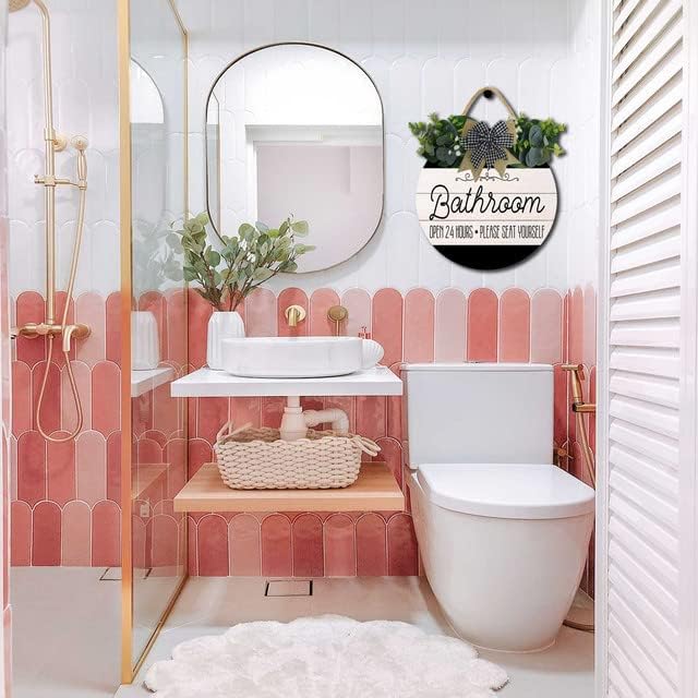 Bathroom Decor,Bathroom Open 24 Hours Please Seat Yourself Sign,Rustic Round Wooden Wreath Sign,Modern Farmhouse Home Accent for All The Seasons