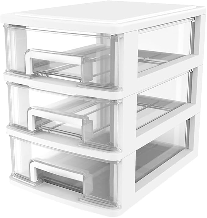 SAFIGLE 3 Layer Plastic Stackable Storage Drawer: Small Drawer-Type Desk Organizer Boxes for Home, Office, Craft Supplies - 11inch Acrylic Stackable Storage Bins to Space-Saving(White, Medium 3Drawer)