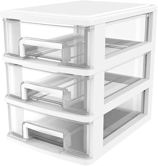 SAFIGLE 3 Layer Plastic Stackable Storage Drawer: Small Drawer-Type Desk Organizer Boxes for Home, Office, Craft Supplies - 11inch Acrylic Stackable Storage Bins to Space-Saving(White, Medium 3Drawer)