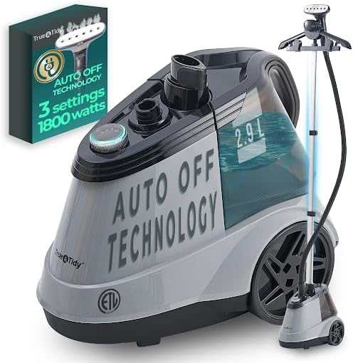 True & Tidy® Commercial Garment Steamer – Heavy Duty 1800W for Home & Commercial Use, 90+ Min Continuous Steam, Large 2.9L Tank, Wheels (X5A Gray Auto-Off, Smart Commercial Garment Steamer)