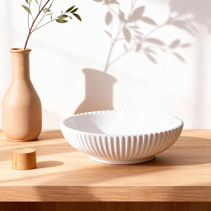 Resin Large Decorative Pedestal Bowl for Home Decor - White Ribbed Fruit Bowl For Kitchen Counter Or Table Decor - Key Bowl for Entryway Table Decor - Centerpiece Bowls for Keys, Fruit, Candy