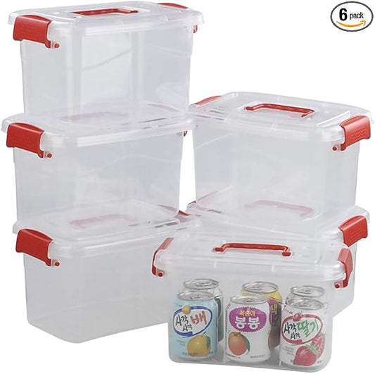 5 L Plastic Storage Bin with Lid, Clear Transparent Box With Red Handles Set of 6