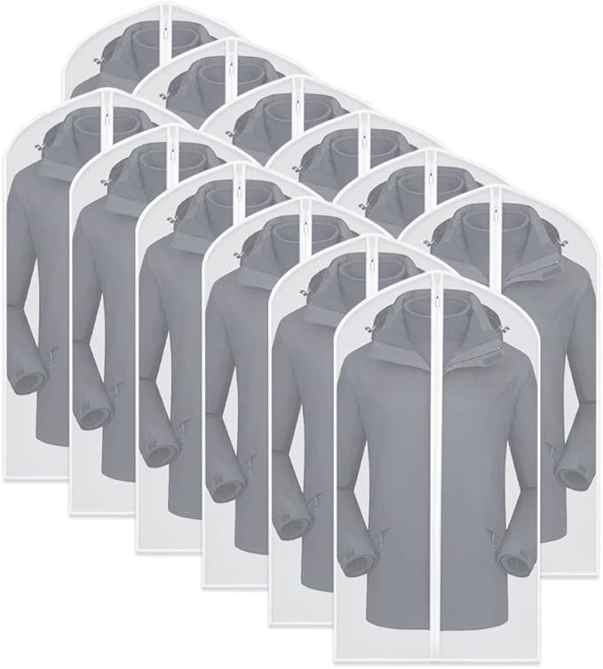 Garment Bags for Hanging Clothes Breathable Suit Bag (Set of 12) Covers with Zip PEVA Clothes Cover Bags Coat Waterproof Dress Cover Bags for Wardrobe Storage and Travel for Suits, Gowns-24'' x 40''