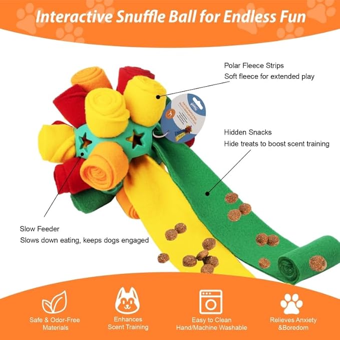 PAWISE Snuffle Ball for Dogs, Sniffle Treat Puzzle Toy, Dog Snuffle Ball Slow Feeder, Enrichment Toy for Mental Stimulation, Machine Washable for Small Medium Large Dogs (Random Color Streaks) (Small)