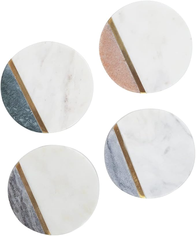 GoCraft Round Marble Coasters for Drinks - Handcrafted Modern Multicolor Pieces with Gold Brass Inlay for Beverages & Wine/Bar Glasses - Set of 4