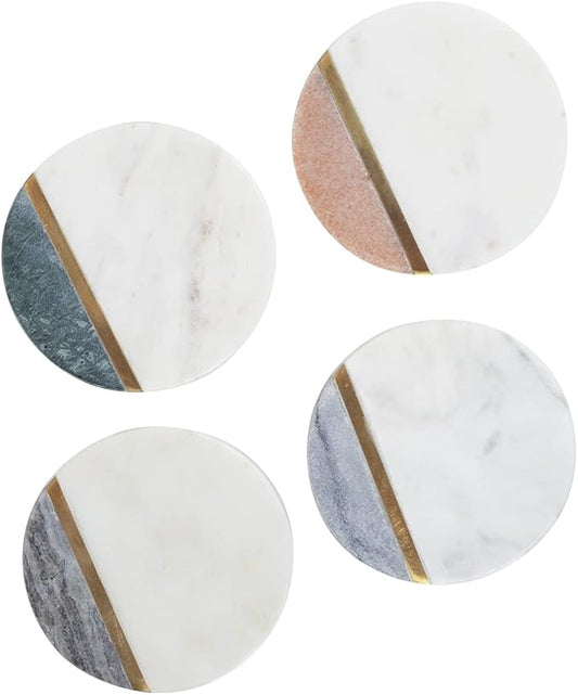 GoCraft Round Marble Coasters for Drinks - Handcrafted Modern Multicolor Pieces with Gold Brass Inlay for Beverages & Wine/Bar Glasses - Set of 4