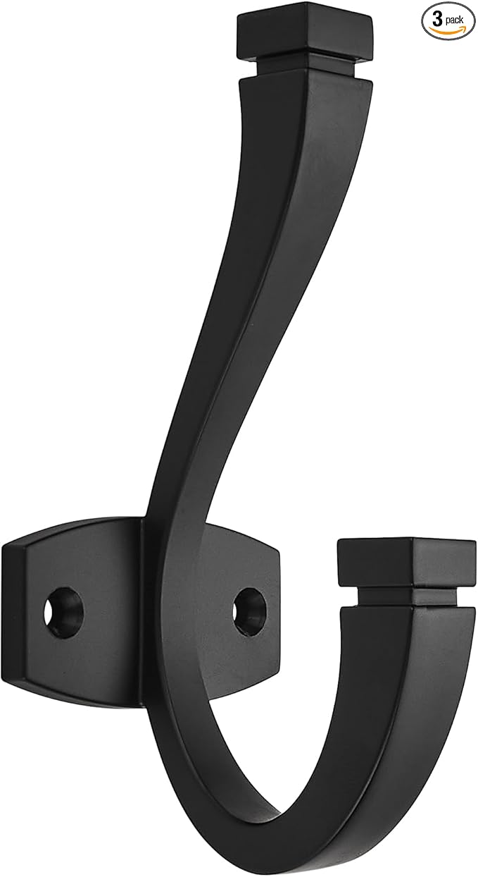 SAILING Coat Hooks - 3 Pack Matte Black Towel Hooks Robe Hooks Decorative Wall Hooks for Bathroom Bedroom Kitchen Towel Robe Clothes Cabinet Closet Bathroom Hardware