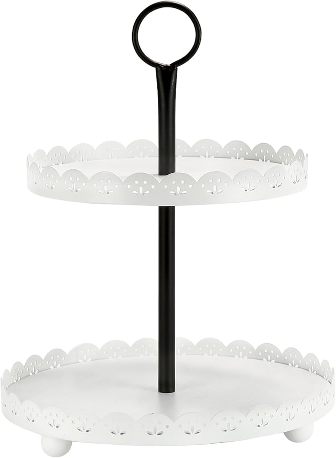 Wooden Two Tiered Tray Stand, Farmhouse Round 2 Tier Decorative Tray with White Metal Floral Edge for Home Kitchen Table Decor, Serving Tray for Coffee Bar Party Weddding Holiday Decorations