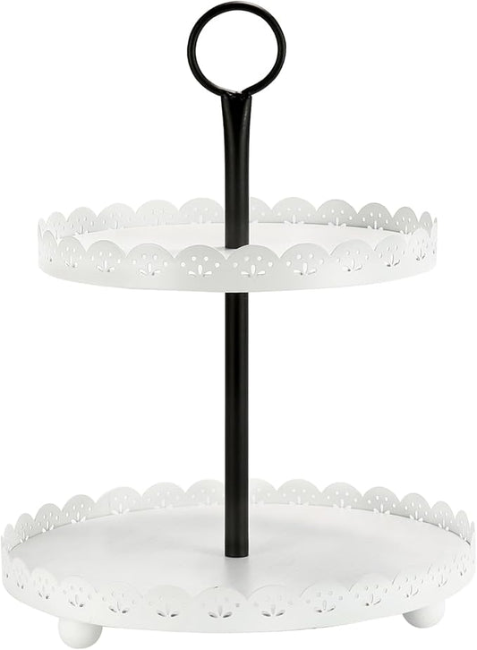 Wooden Two Tiered Tray Stand, Farmhouse Round 2 Tier Decorative Tray with White Metal Floral Edge for Home Kitchen Table Decor, Serving Tray for Coffee Bar Party Weddding Holiday Decorations