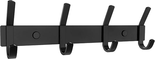Matte Black Coat Rack Wall Mount – 12 Inch Stainless Steel Hook Rail with 4 Double Coat Hooks – Wall Mounted Entryway Organizer for Coats, Hats, Bags, Towels, Robes, Closet or Bathroom