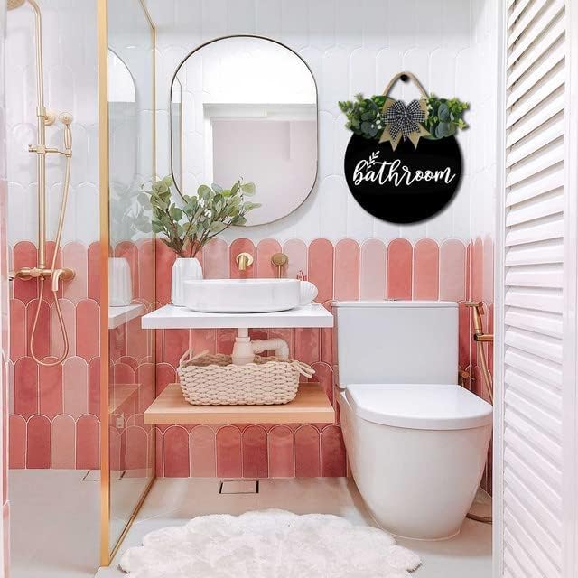 Bathroom Wall Decor,Bathroom Sign,Rustic Round Wooden Wreath Sign,Bathroom Wooden Wall Sign for All The Seasons