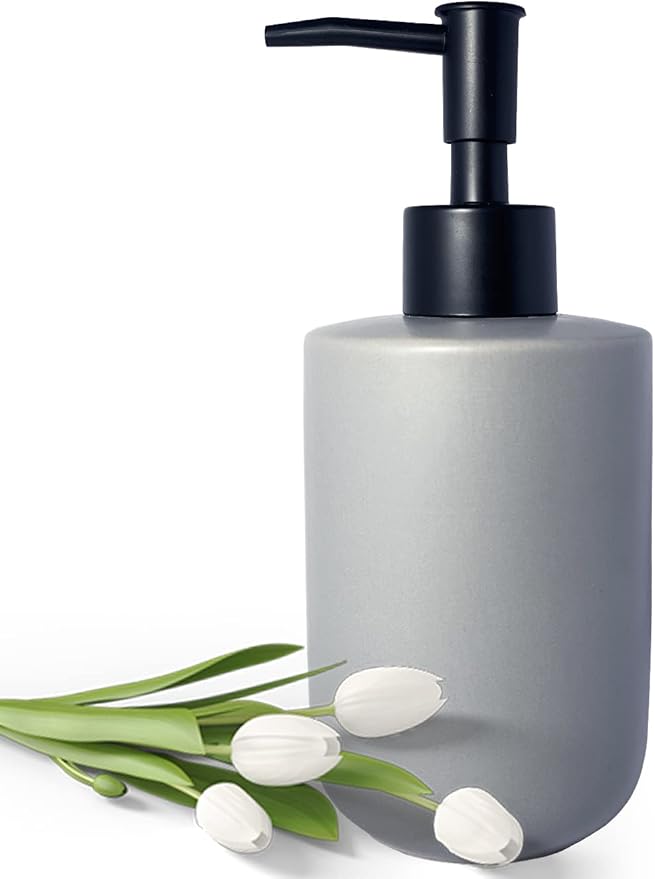 Gray Soap Dispenser with Matte Black Pump for Bathroom,Minimalist Modern Design Cylindrical Lotion Dispenser,12oz Ceramic Hand Dish Soap Dispenser,Refillable Liquid Dispenser for Kitchen (Gray)