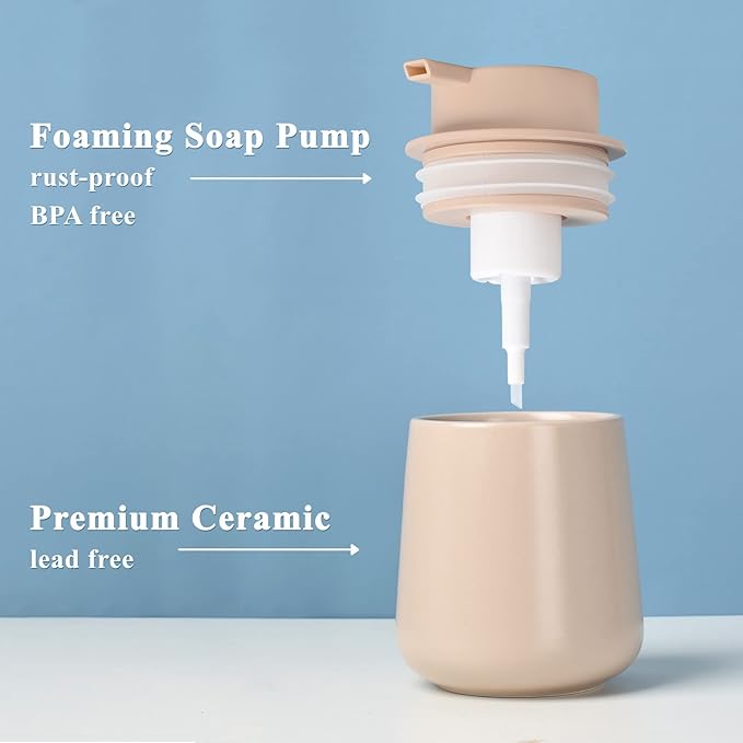 BosilunLife Foam Hand Soap Dispenser - 12 oz Bathroom Lotion Pump for Kitchen and Hand Wash - Khaki Ceramic Dish Liquid Dispenser
